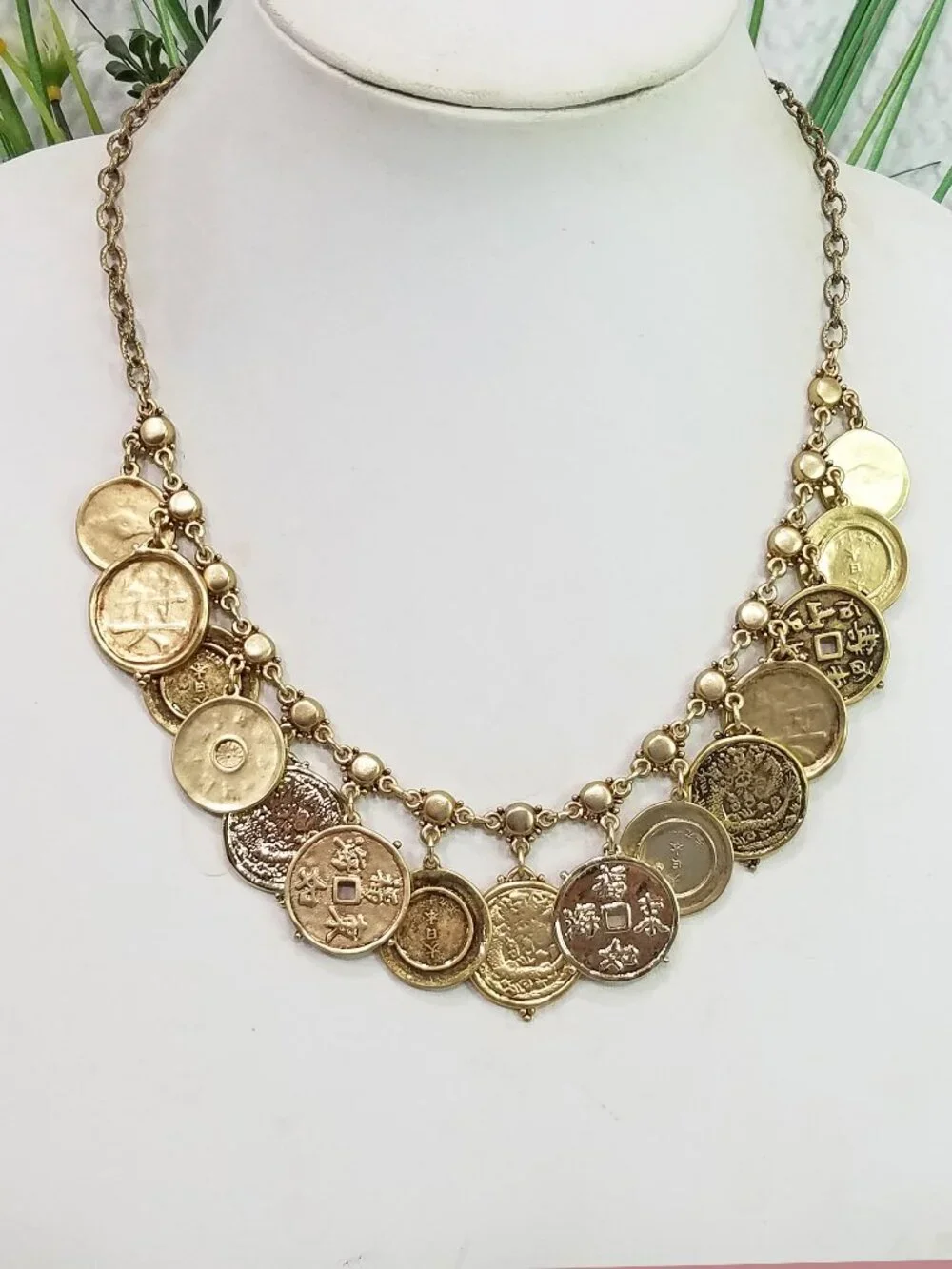 Vintage Signed Chico's Gypsy Style Gold Tone Asian Coins Bib Choker Necklace - Picture 1 of 5